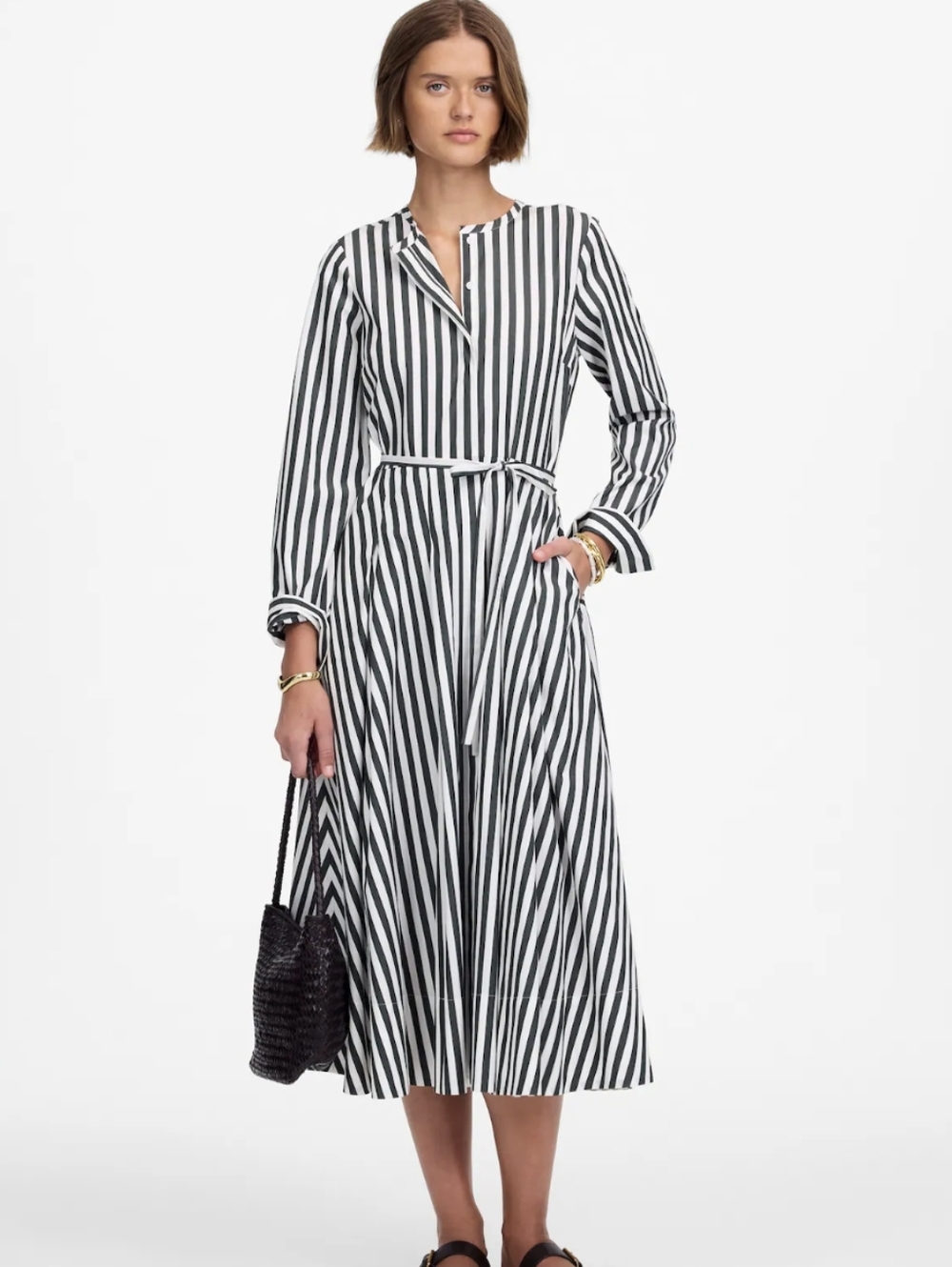 Madewell 100% Cotton Striped Green & White Belted Midi Dress
